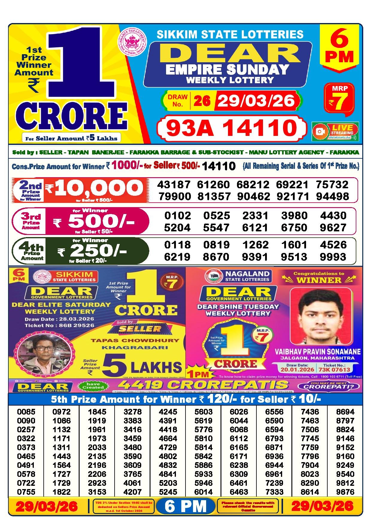 Dear Lottery Result Today 6 PM 29-03-2026
