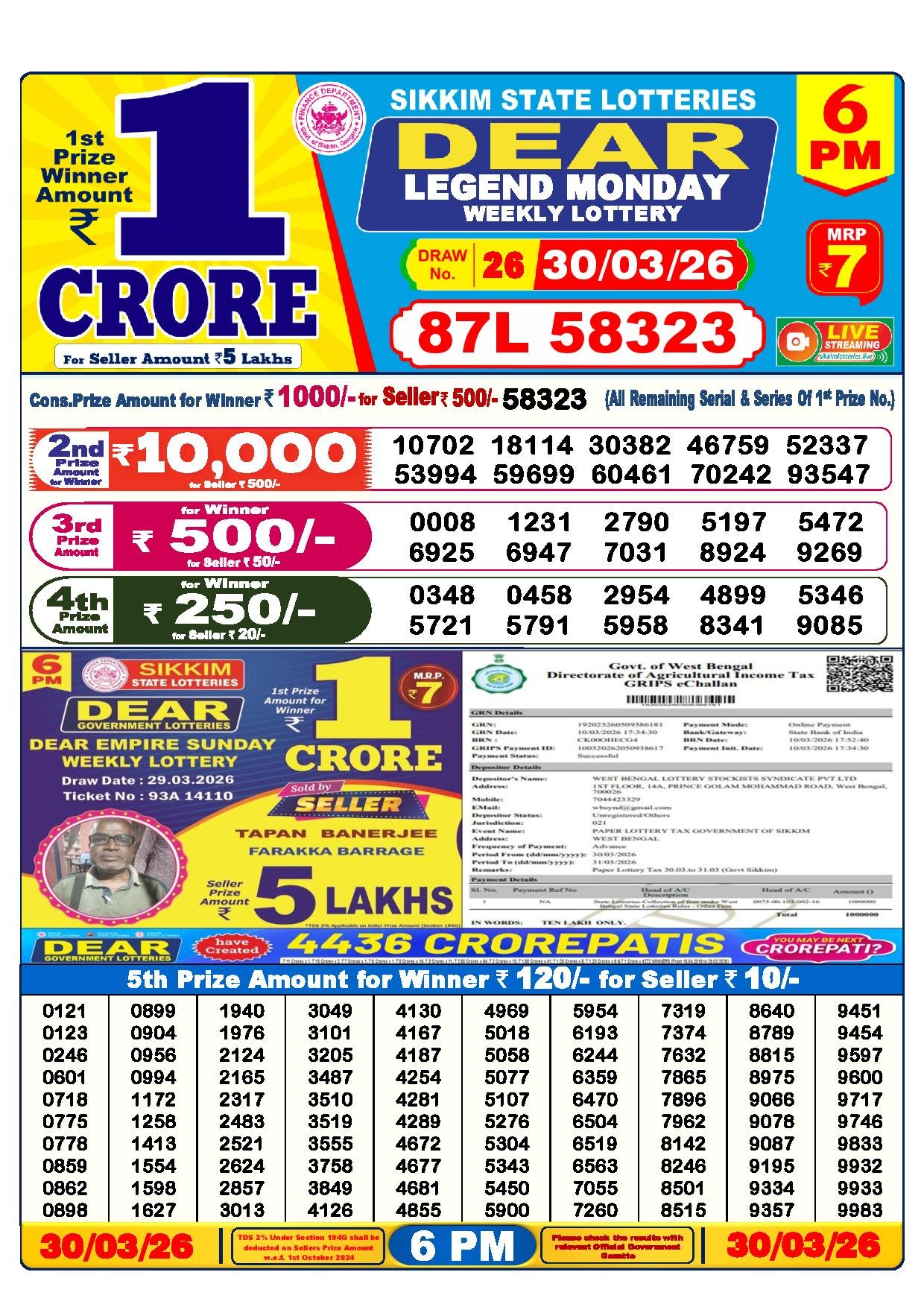 Dear Lottery Result Today 6 PM 30-03-2026