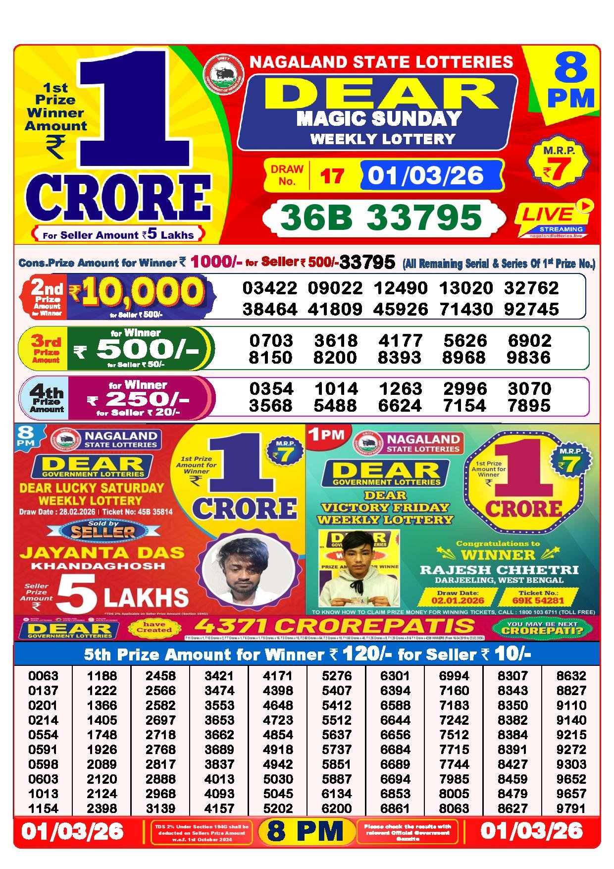 Dear Lottery Result Today 8 PM 01-03-2026