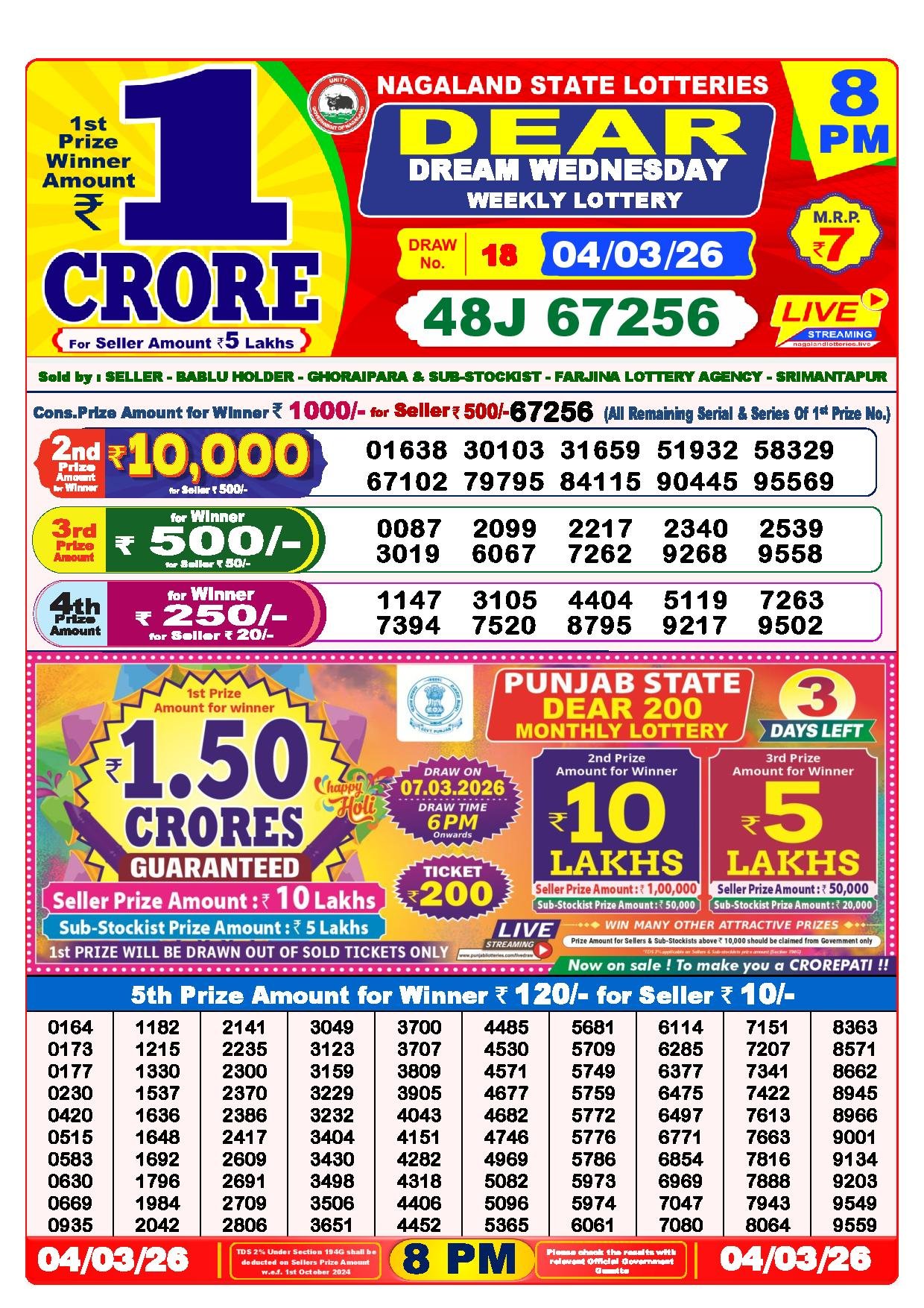 Dear Lottery Result Today 8 PM 04-03-2026