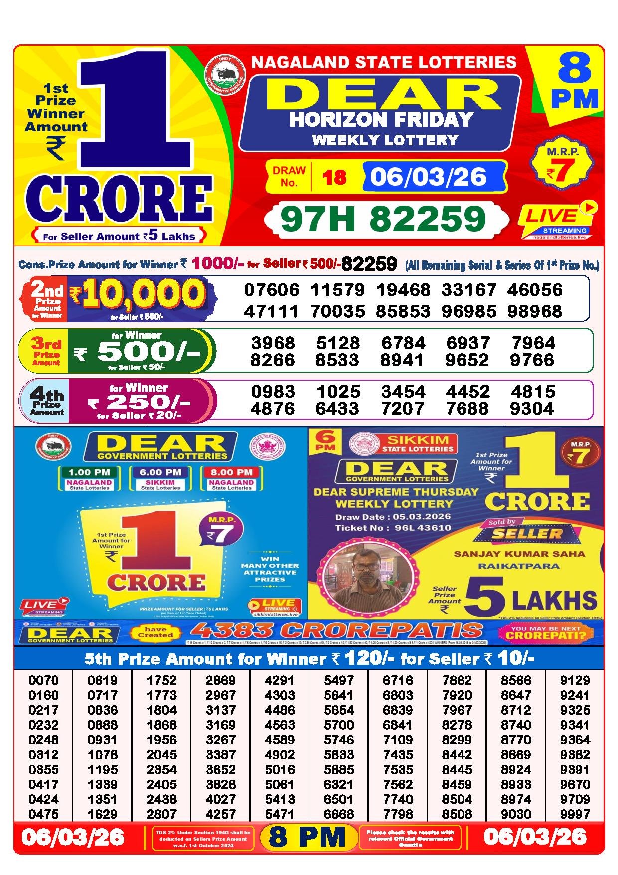 Dear Lottery Result Today 8 PM 06-03-2026
