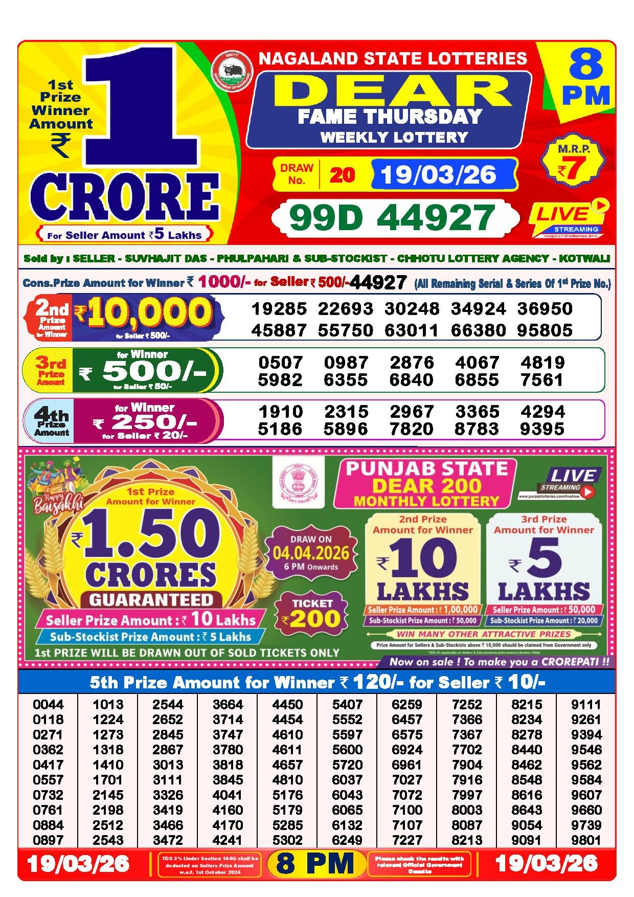 Dear Lottery Result Today 8 PM 19-03-2026