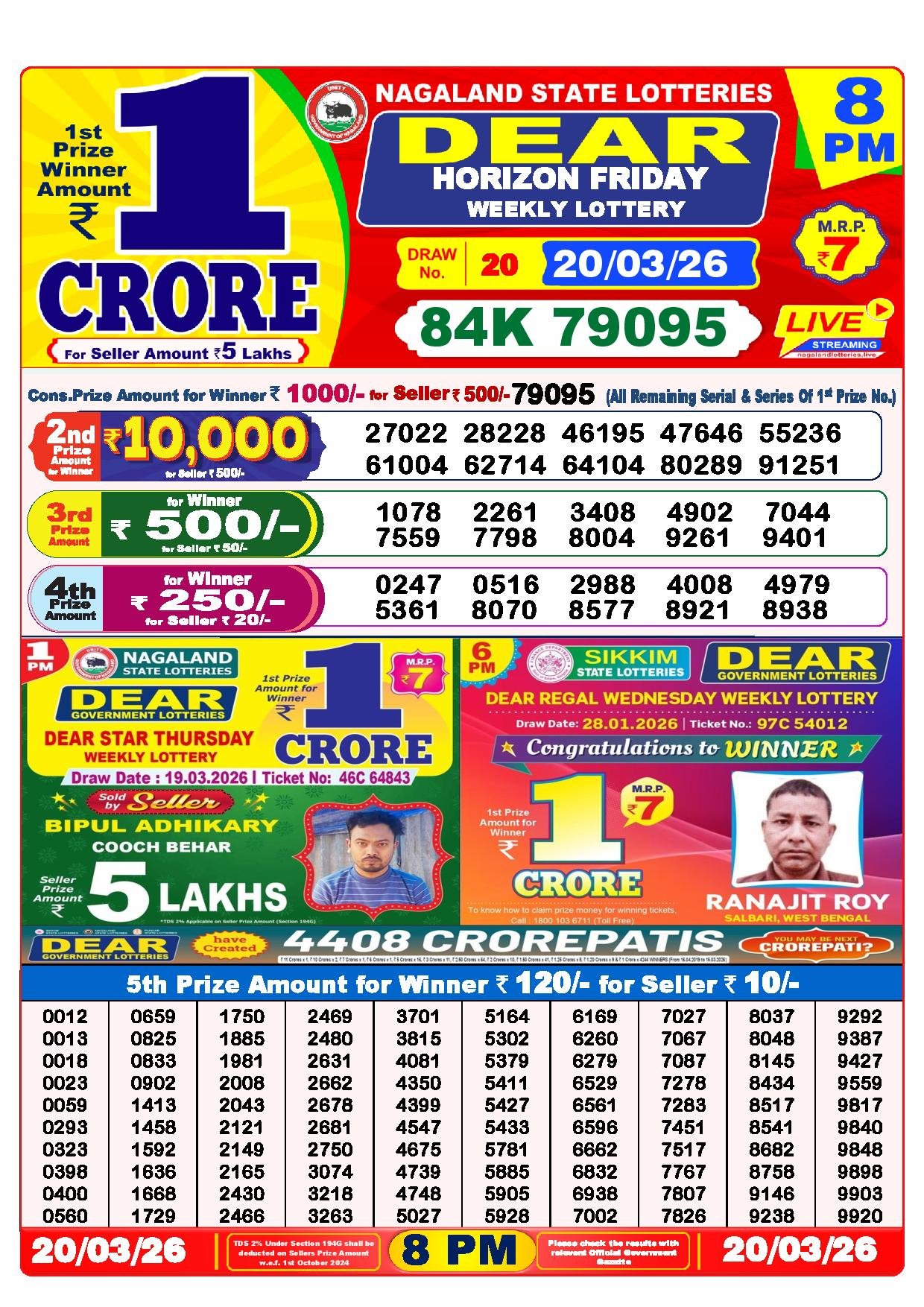 Dear Lottery Result Today 8 PM 20-03-2026