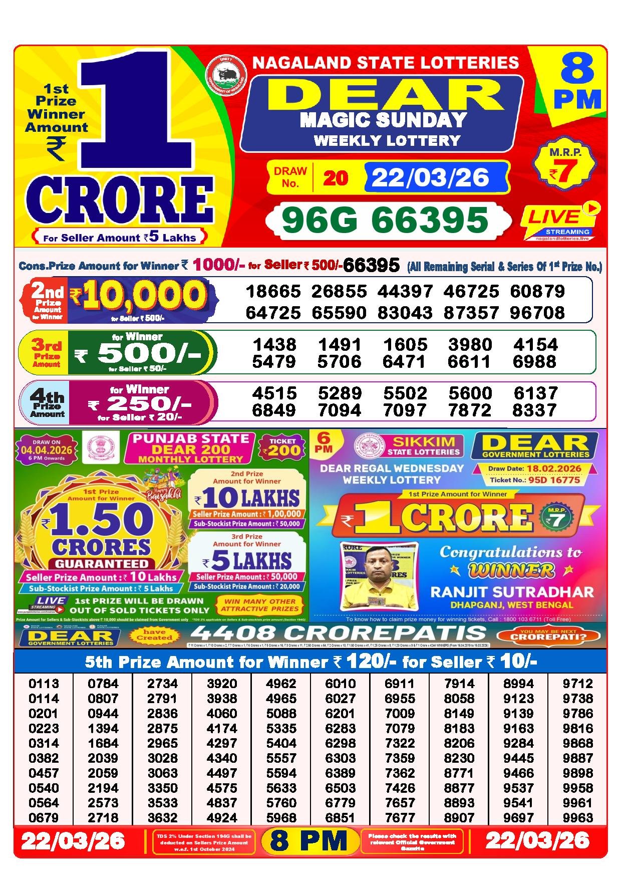 Dear Lottery Result Today 8 PM 22-03-2026
