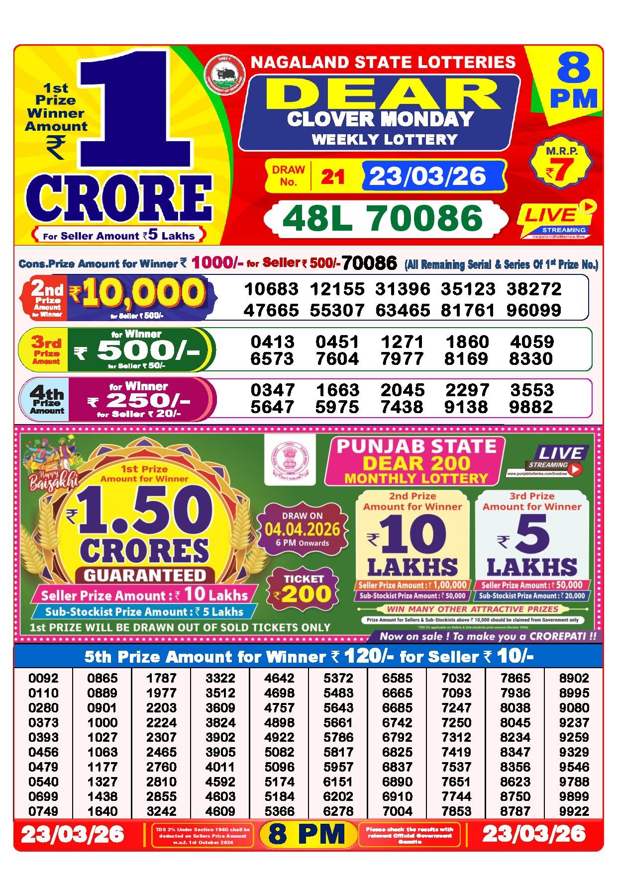 Dear Lottery Result Today 8 PM 23-03-2026