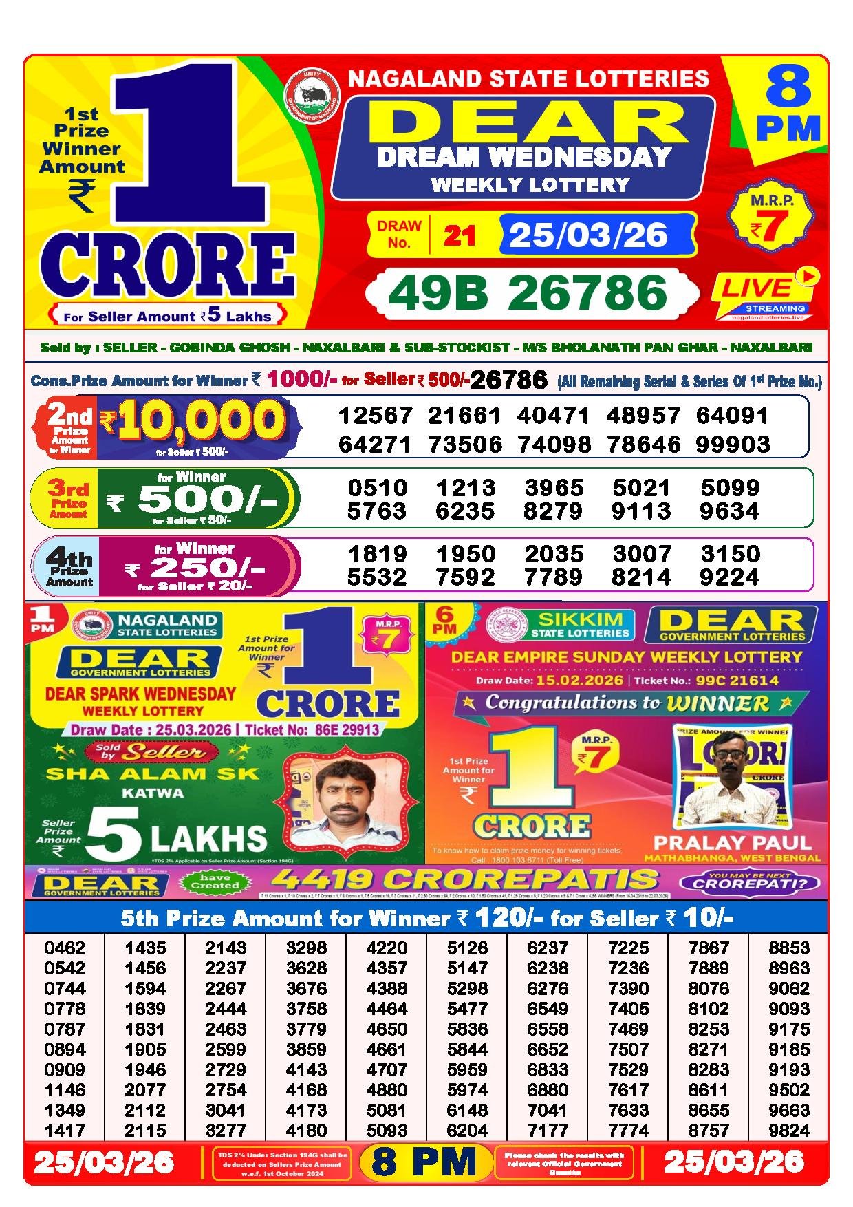 Dear Lottery Result Today 8 PM 25-03-2026