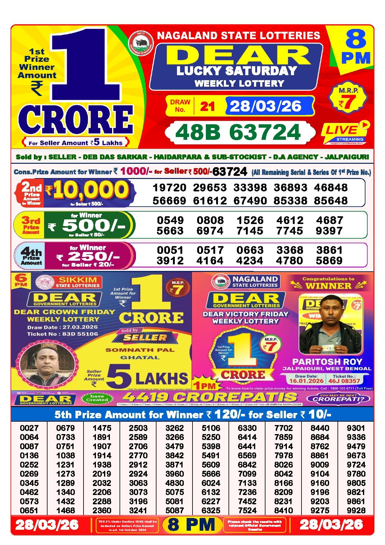 Dear Lottery Result Today 8 PM 28-03-2026
