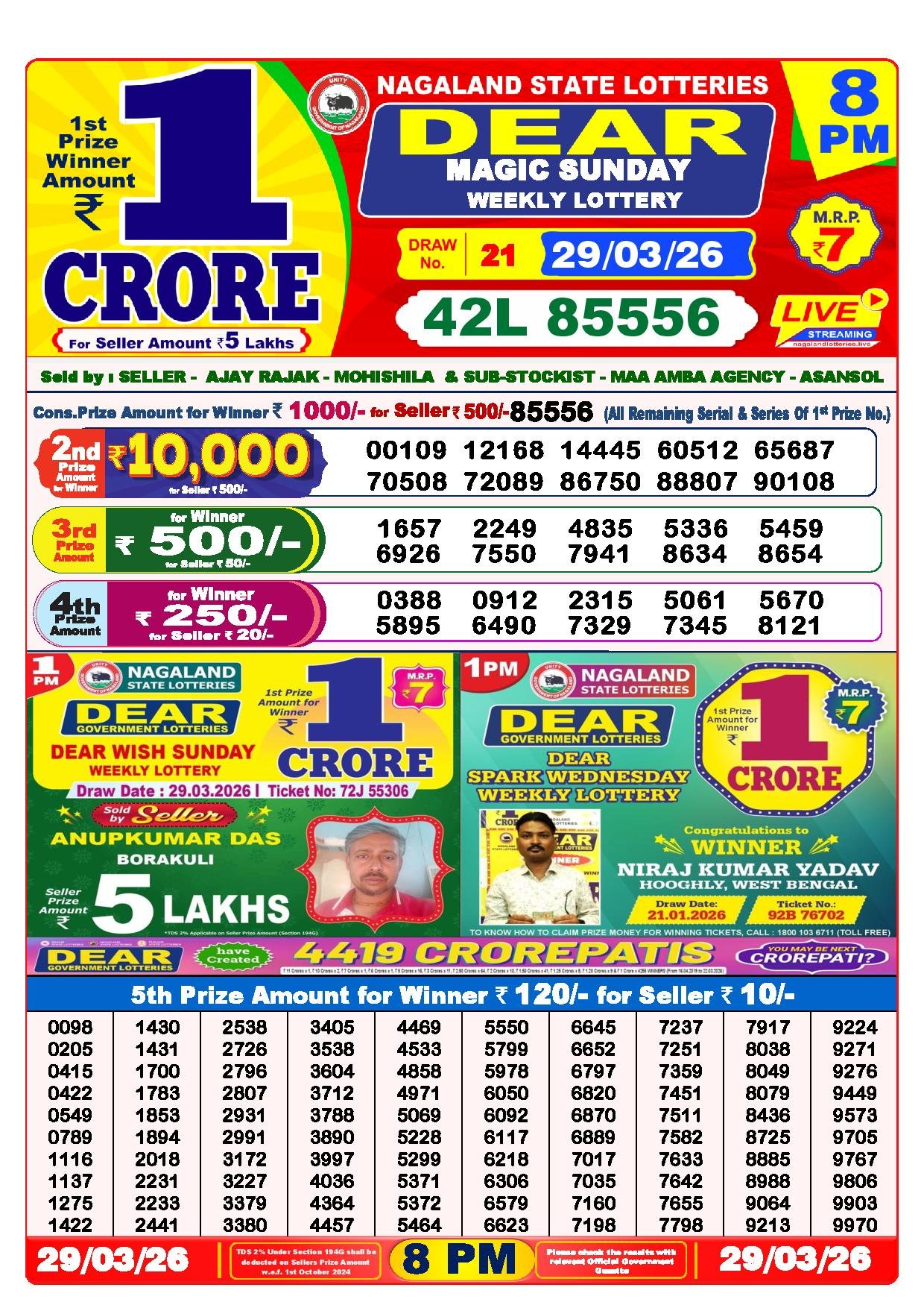 Dear Lottery Result Today 8 PM 29-03-2026