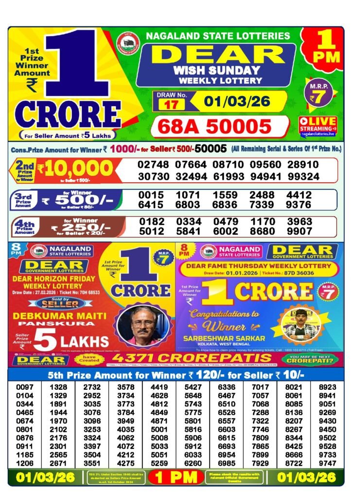 Dear Lottery Result Today 1 PM 01-03-2026