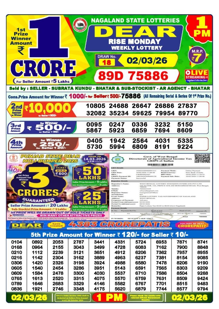 Dear Lottery Result Today 1 PM 02-03-2026