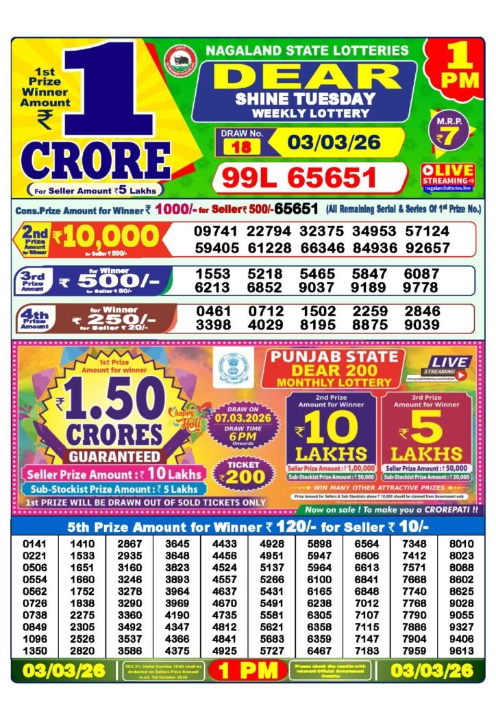 Dear Lottery Result Today 1 PM 03-03-2026
