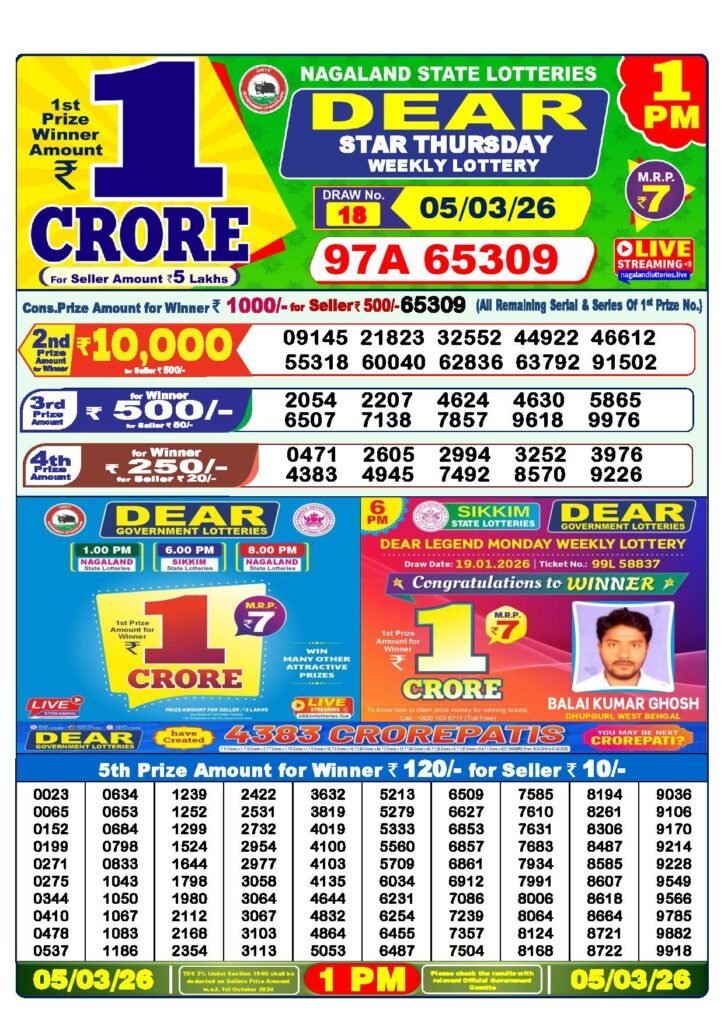 Dear Lottery Result Today 1 PM 05-03-2026
