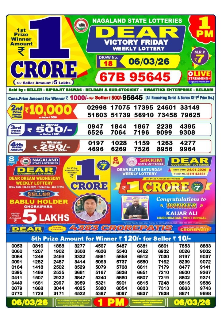 Dear Lottery Result Today 1 PM 06-03-2026