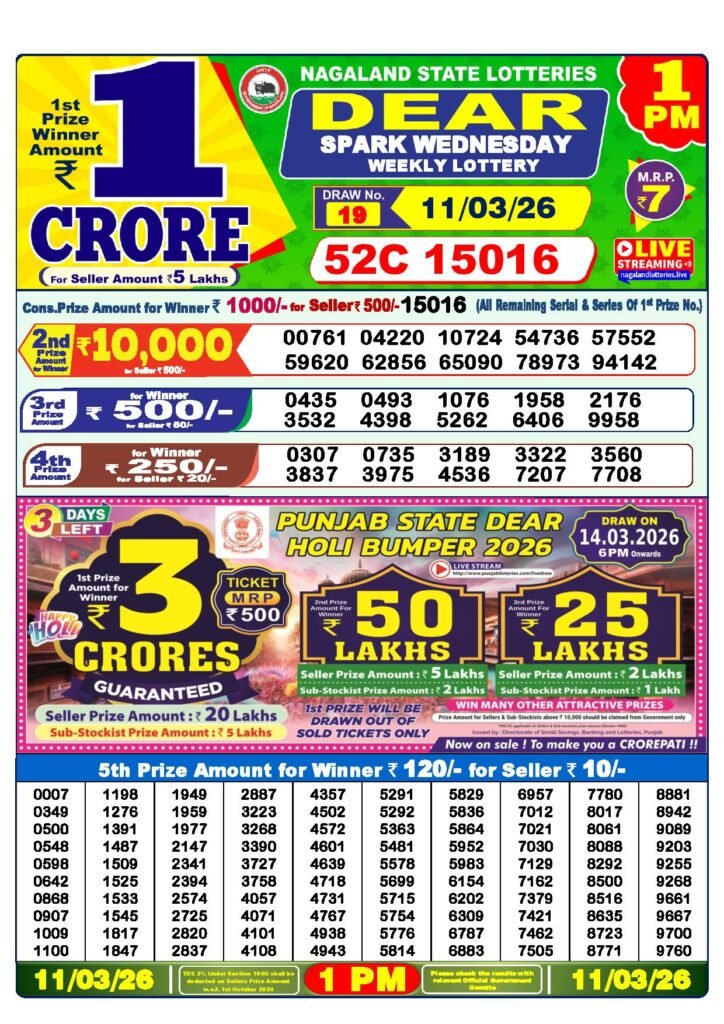 Dear Lottery Result Today 1 PM 11-03-2026
