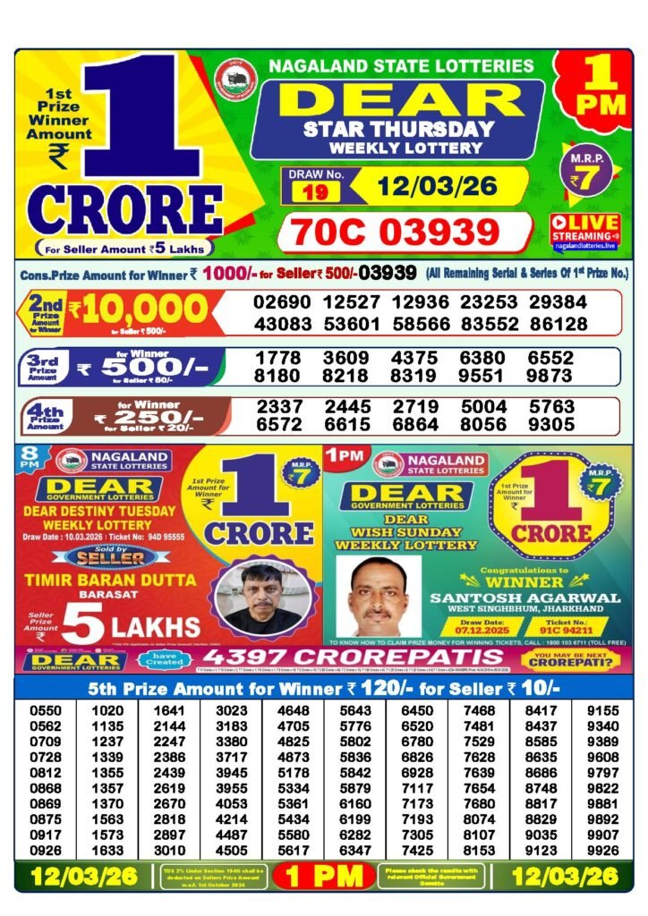 Dear Lottery Result Today 1 PM 12-03-2026
