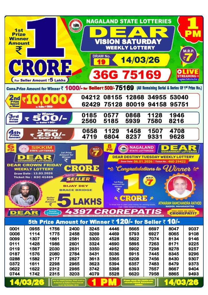 Dear Lottery Result Today 1 PM 14-03-2026
