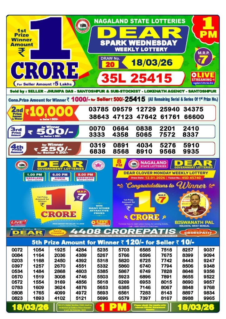 Dear Lottery Result Today 1 PM 18-03-2026
