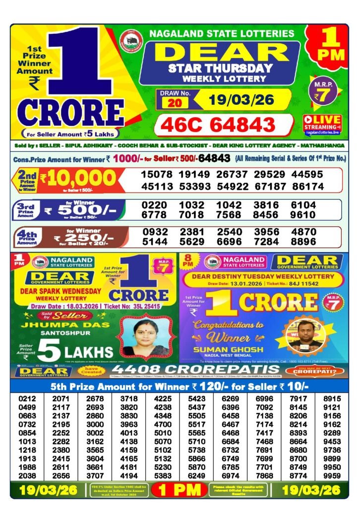 Dear Lottery Result Today 1 PM 19-03-2026