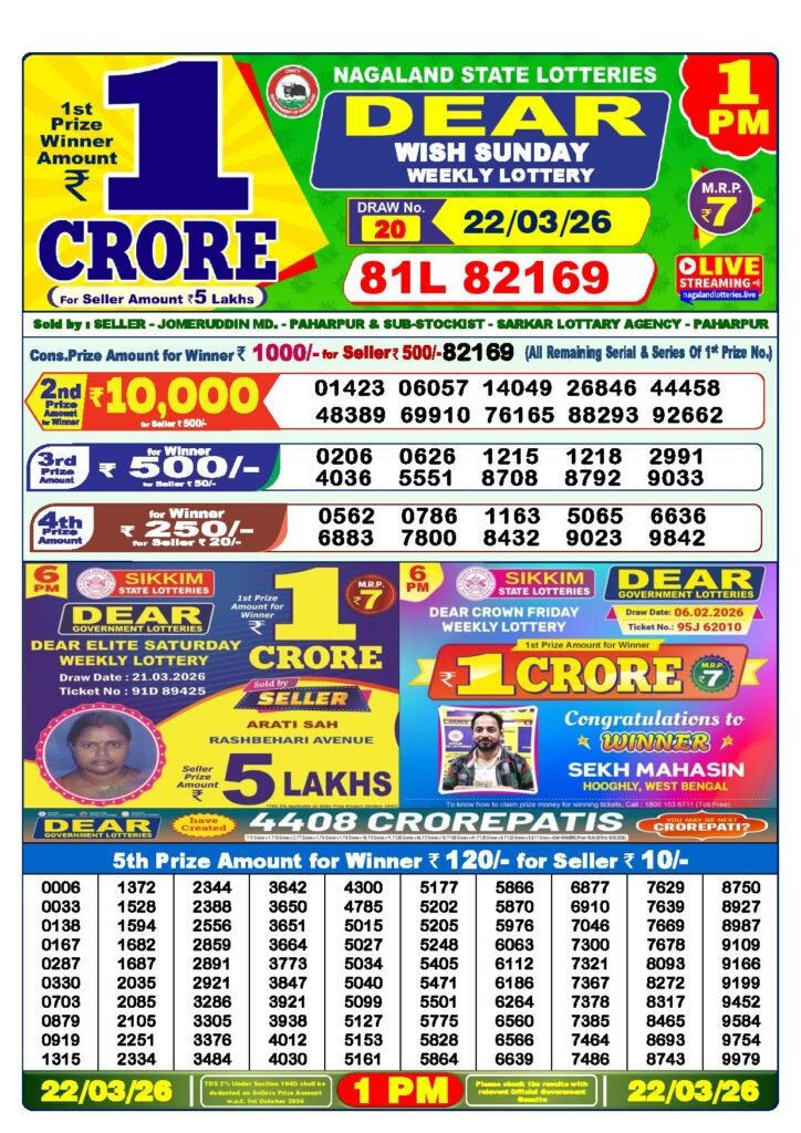 Dear Lottery Result Today 1 PM 22-03-2026