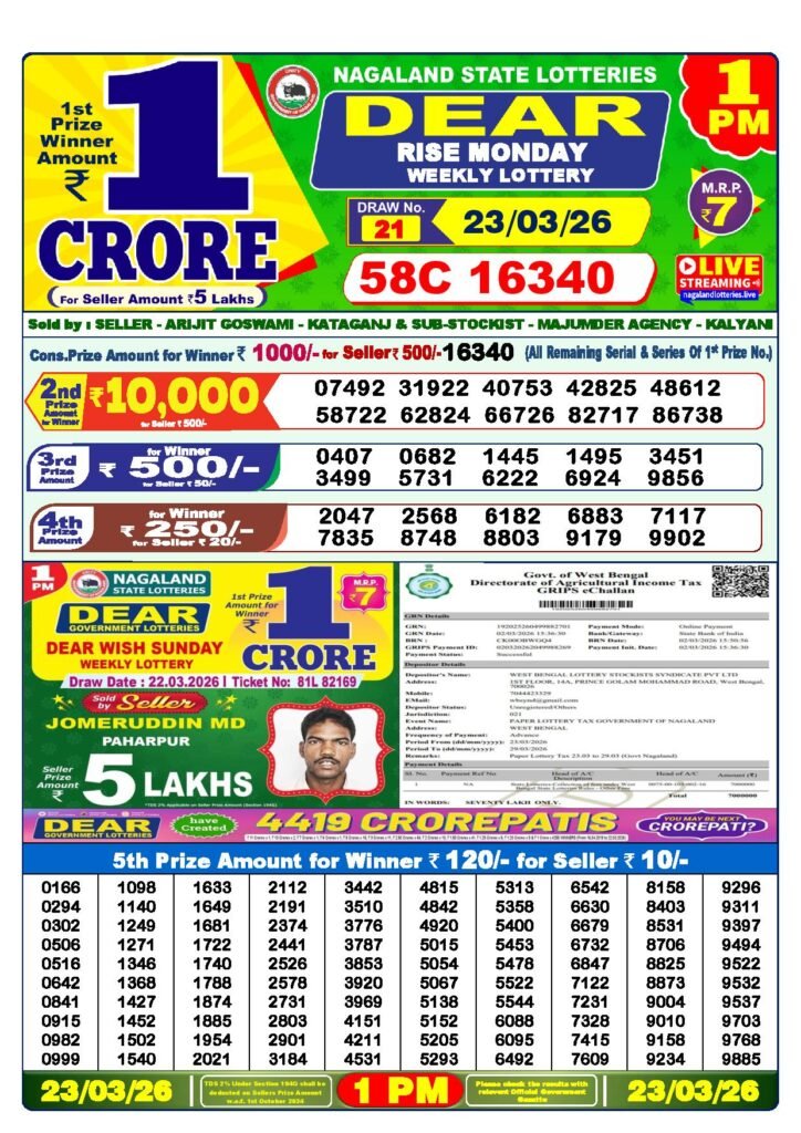Dear Lottery Result Today 1 PM 23-03-2026