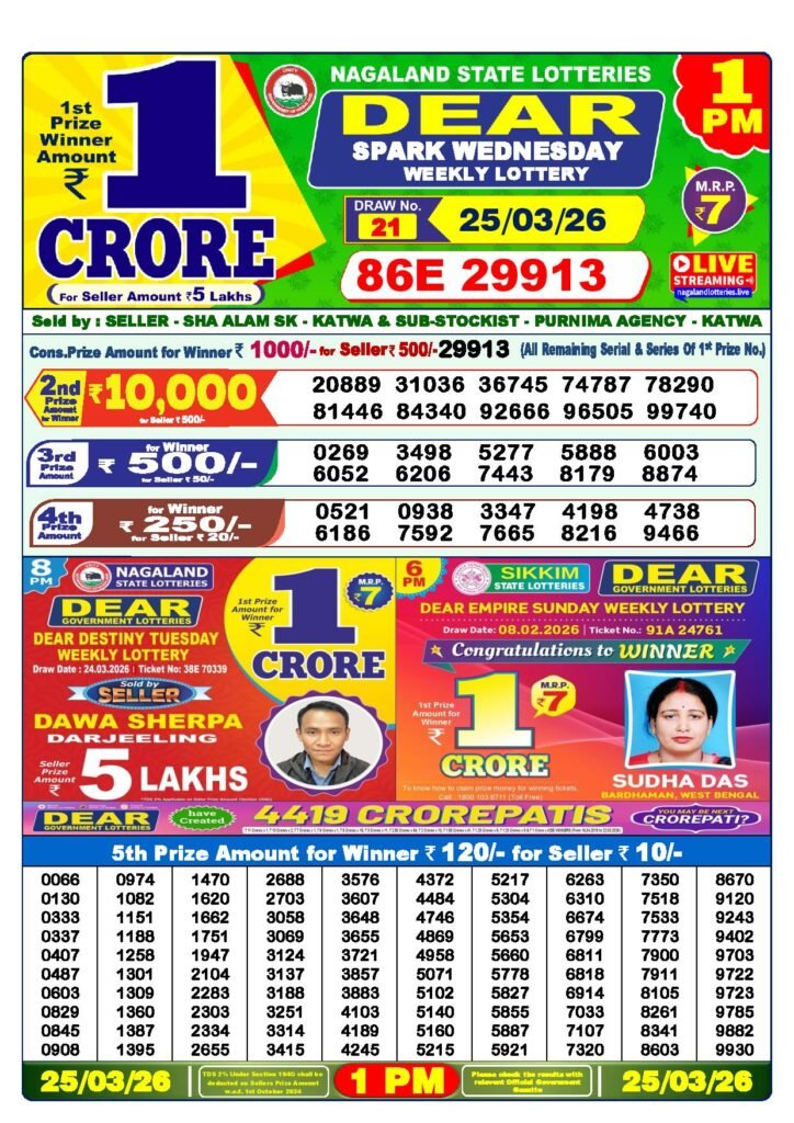 Dear Lottery Result Today 1 PM 25-03-2026
