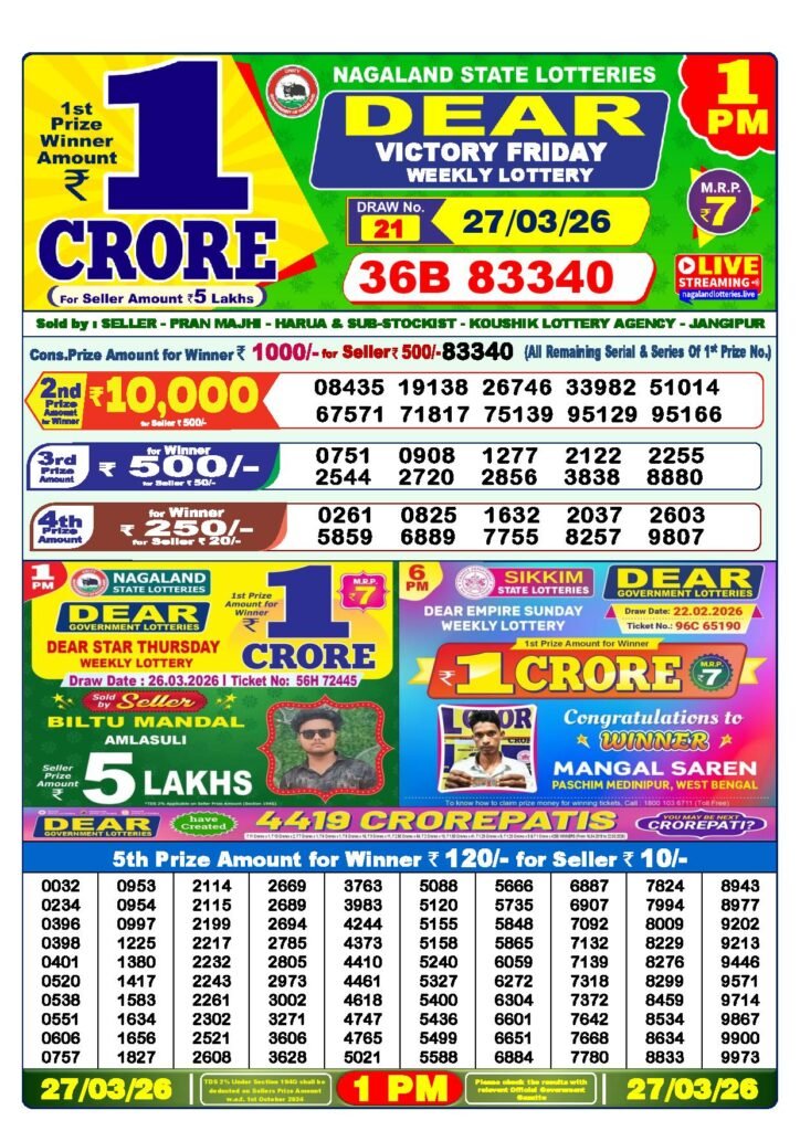 Dear Lottery Result Today 1 PM 27-03-2026