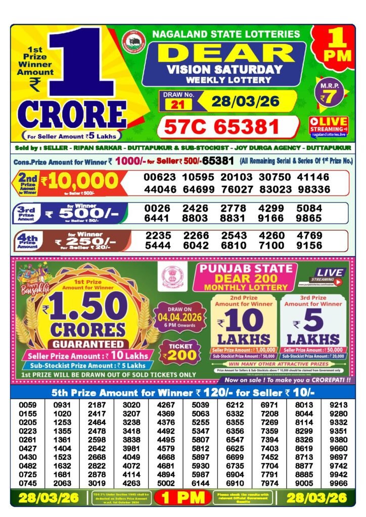 Dear Lottery Result Today 1 PM 28-03-2026
