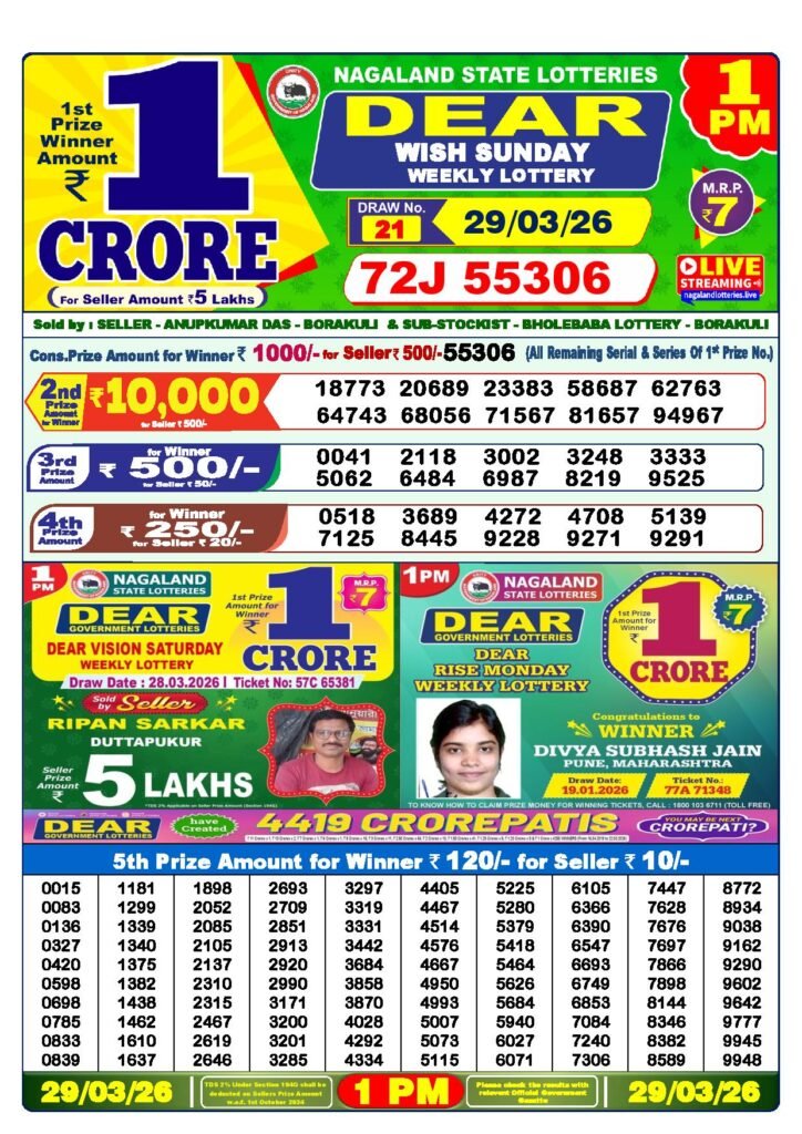 Dear Lottery Result Today 1 PM 29-03-2026