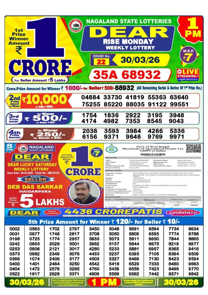 Dear Lottery Result Today 1 PM 30-03-2026