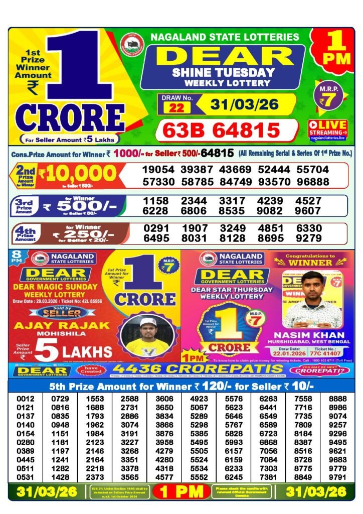 Dear Lottery Result Today 1 PM 31-03-2026