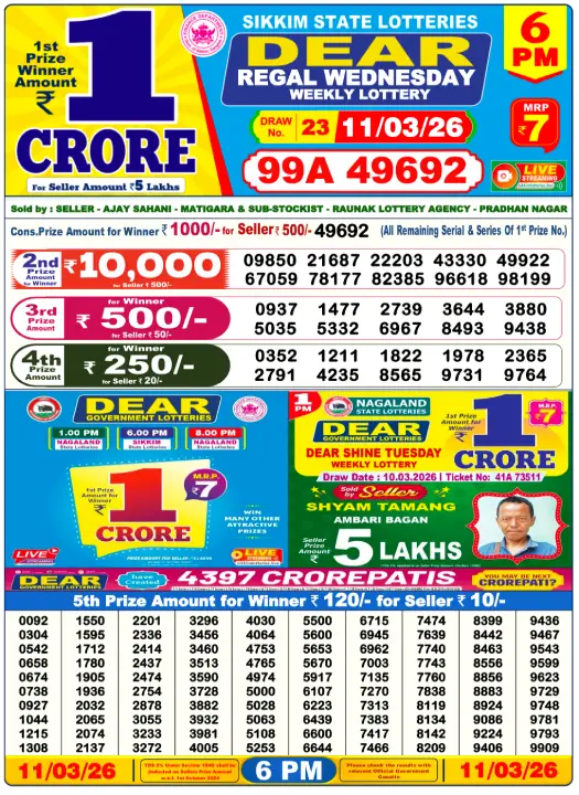 Dear Lottery Result Today 6 PM 11-03-2026
