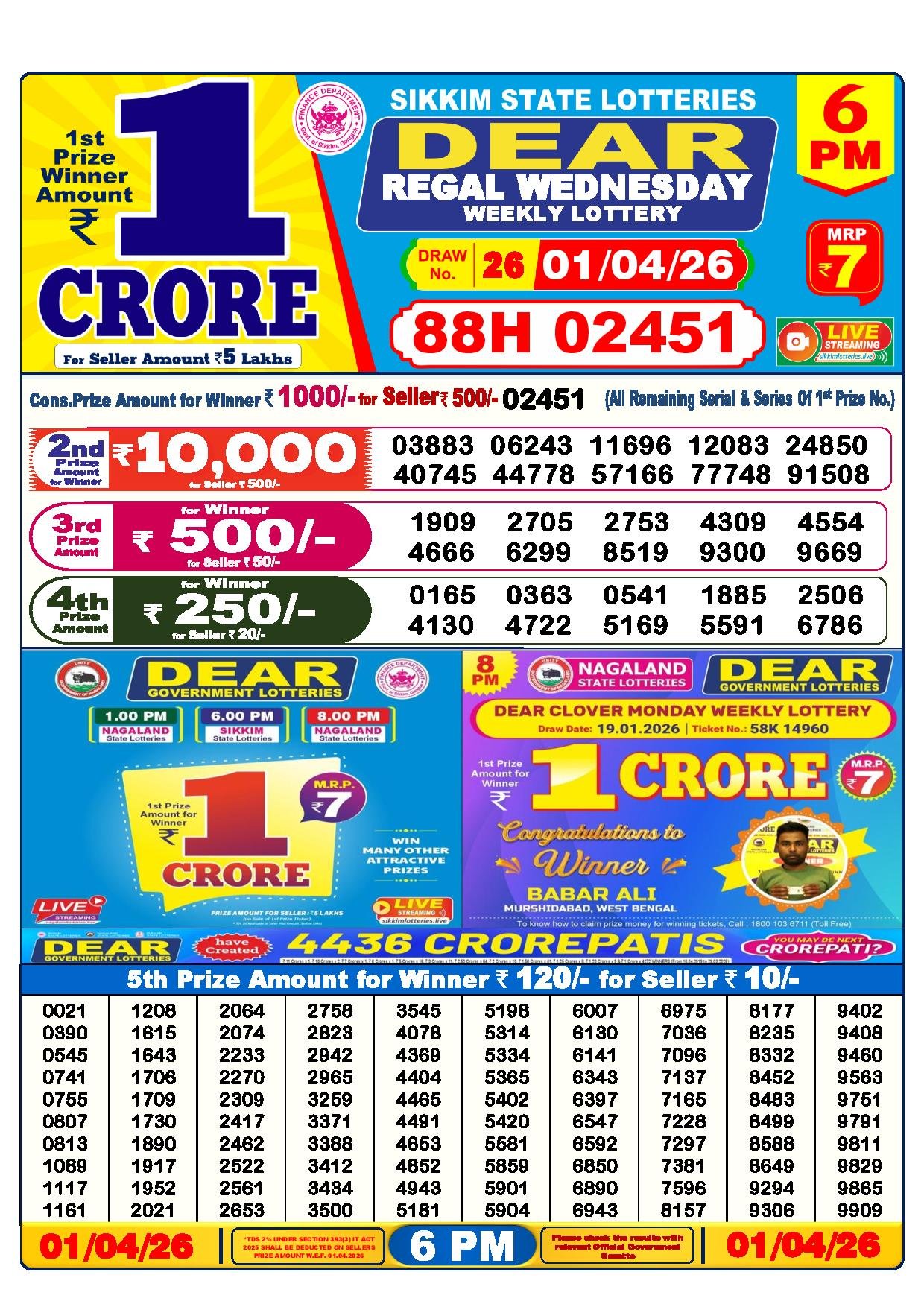 Dear Lottery Result Today 6 PM 01-04-2026
