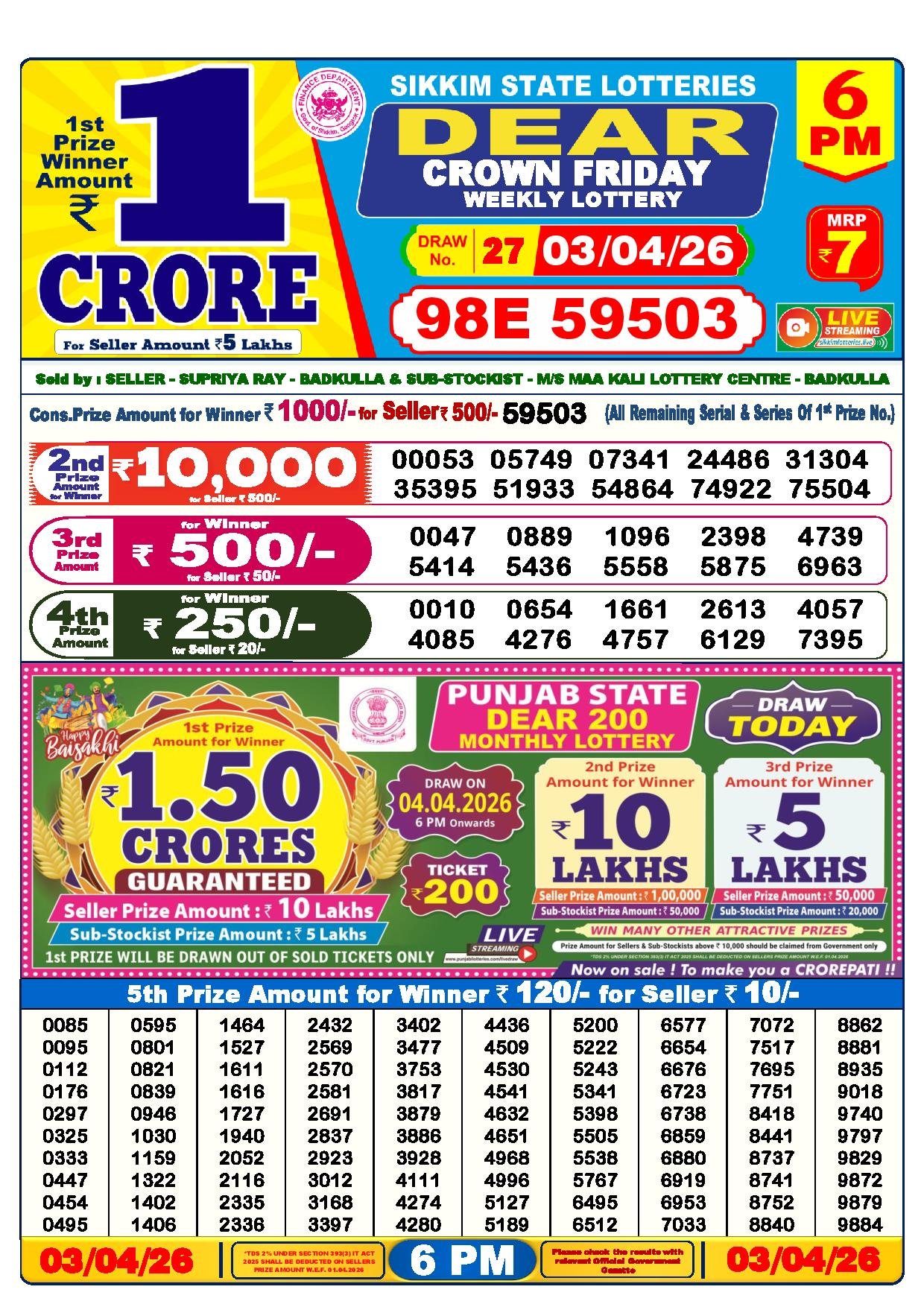 Dear Lottery Result Today 6 PM 03-04-2026
