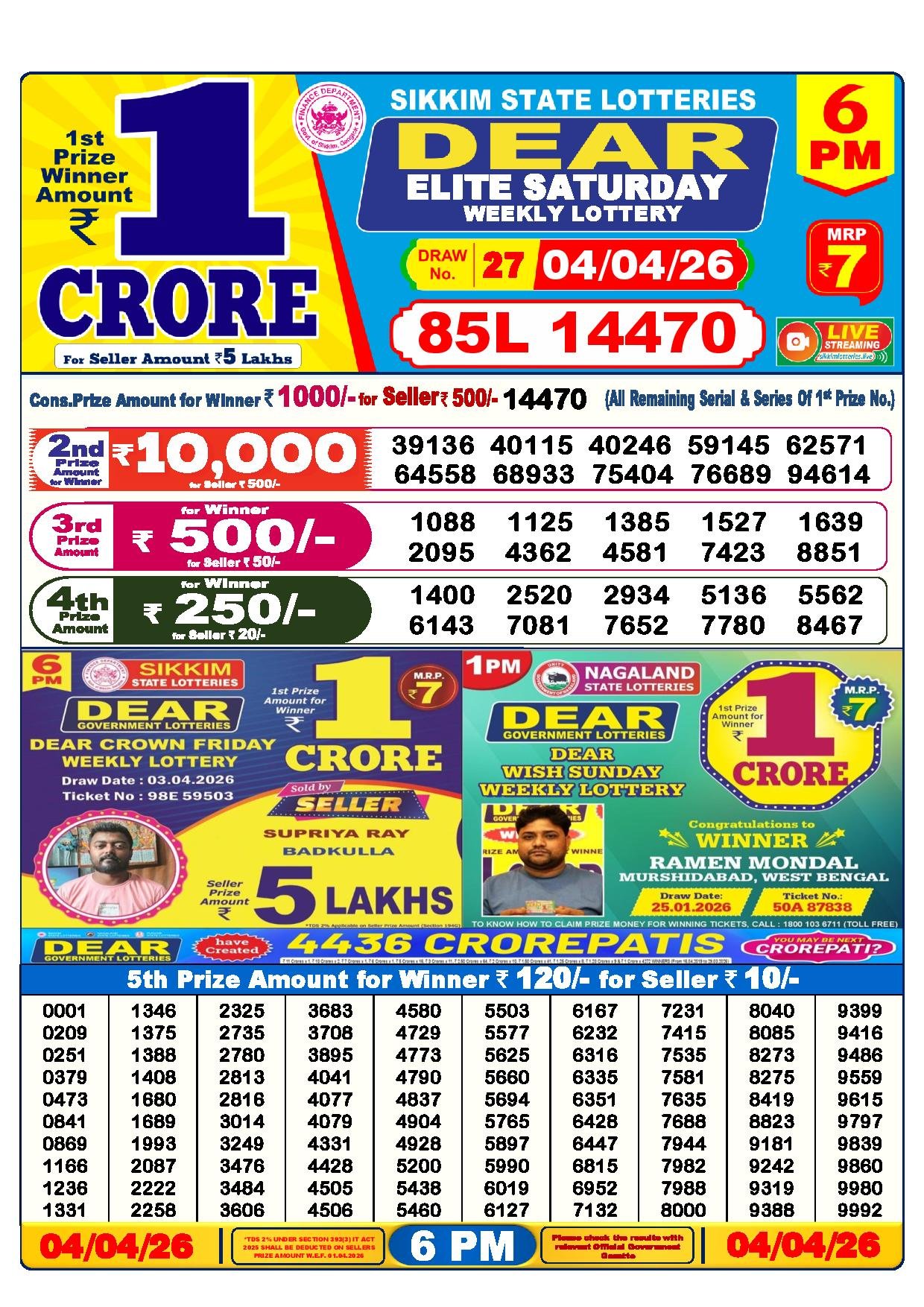 Dear Lottery Result Today 6 PM 04-04-2026