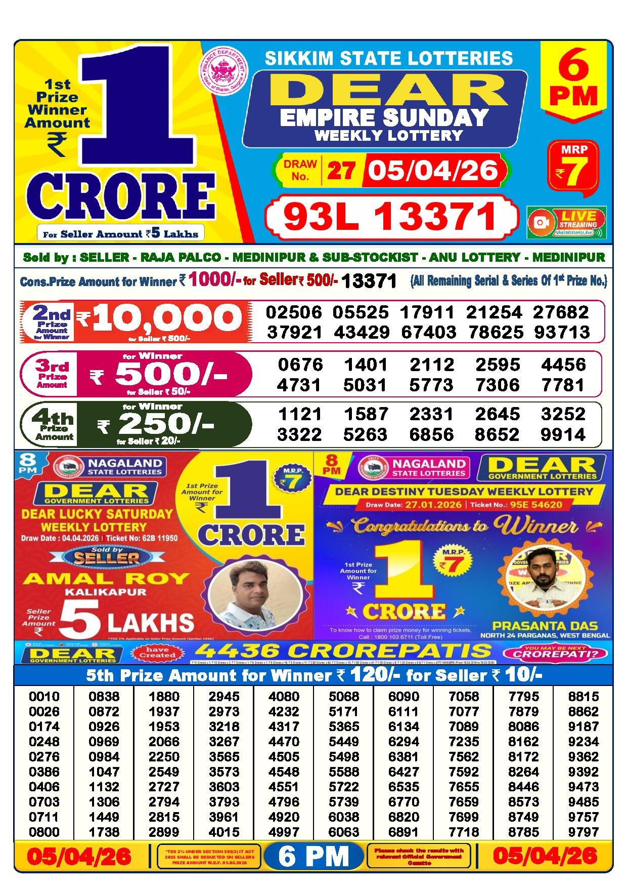 Dear Lottery Result Today 6 PM 05-04-2026