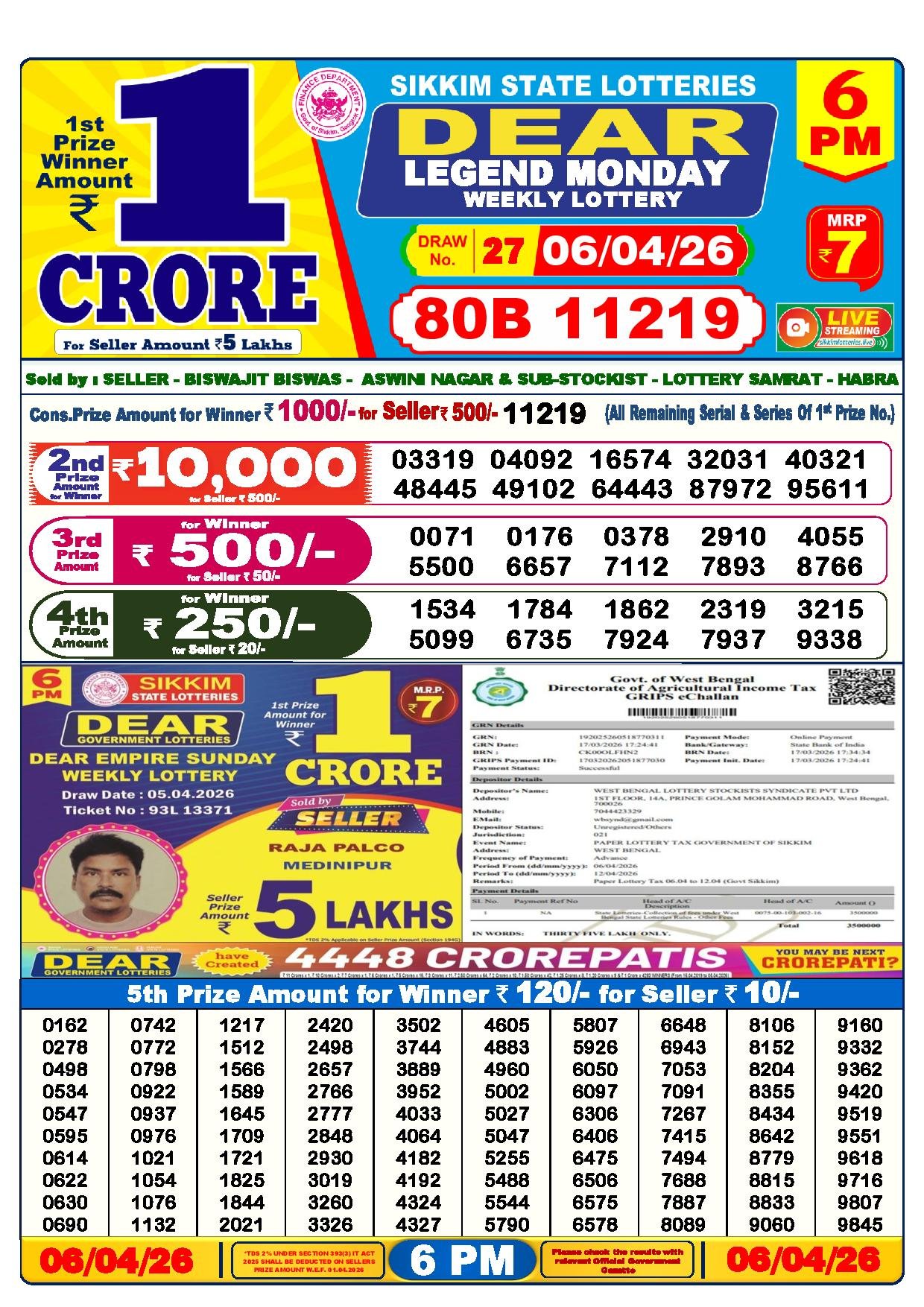 Dear Lottery Result Today 6 PM 06-04-2026