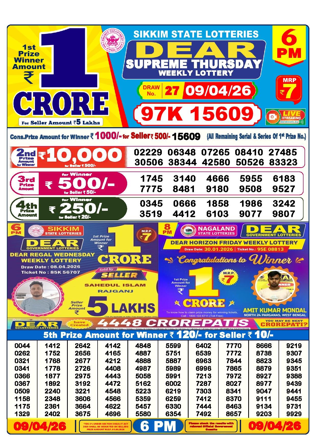 Dear Lottery Result Today 6 PM 09-04-2026
