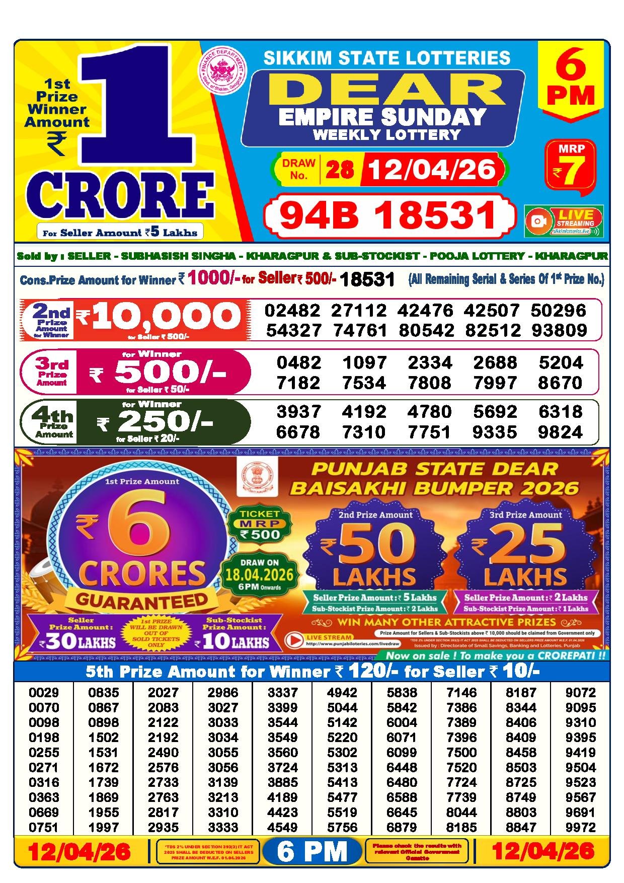 Dear Lottery Result Today 6 PM 12-04-2026
