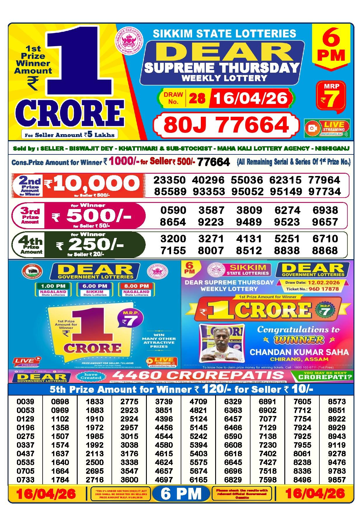 Dear Lottery Result Today 6 PM 16-04-2026
