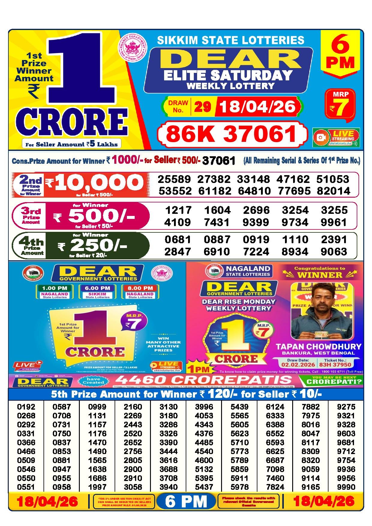 Dear Lottery Result Today 6 PM 18-04-2026
