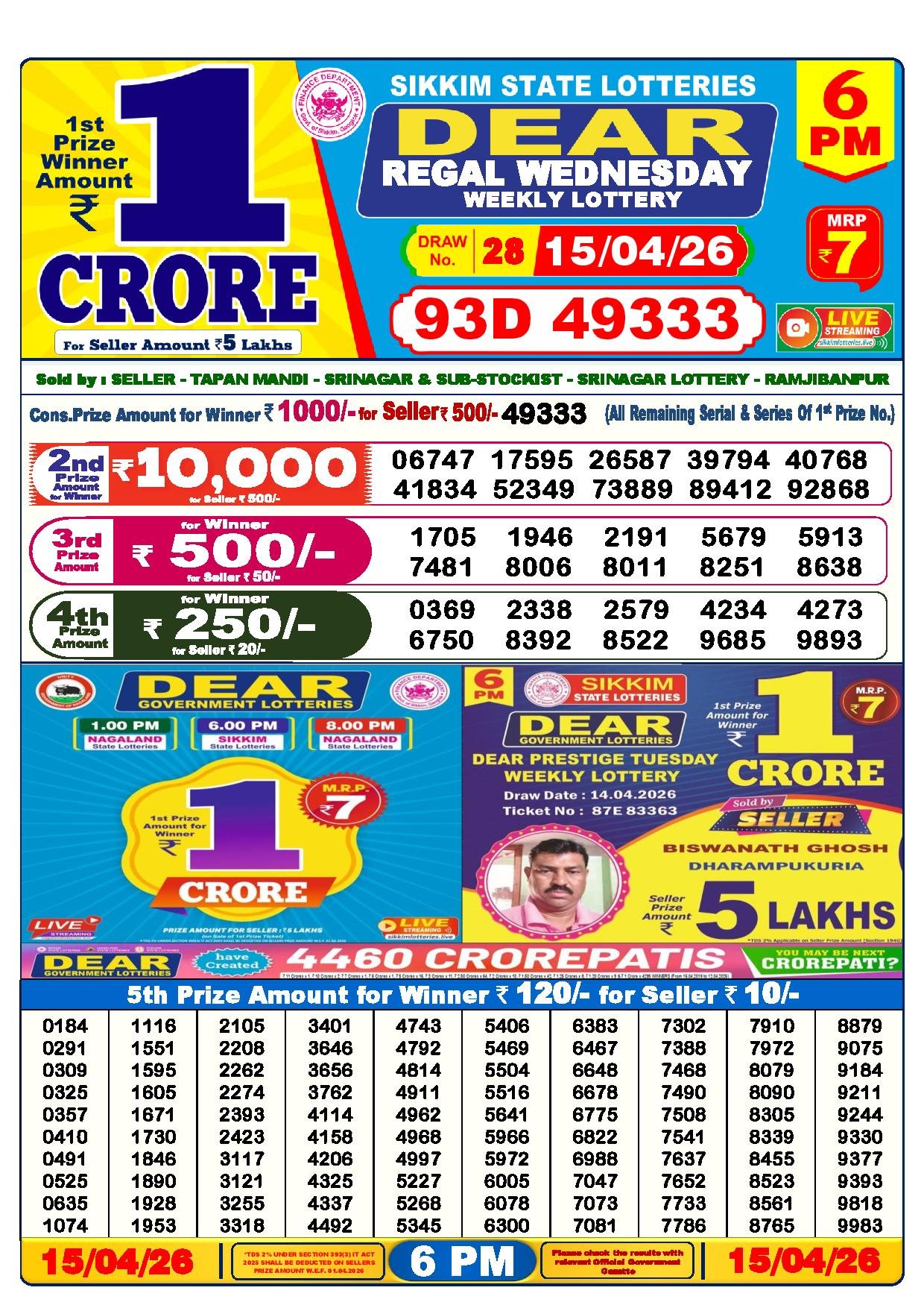 Dear Lottery Result Today 6 PM 15-04-2026