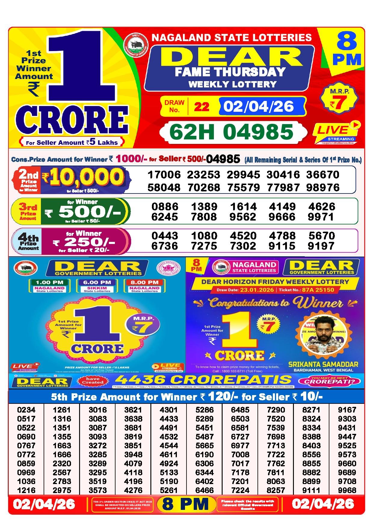 Dear Lottery Result Today 8 PM 02-04-2026
