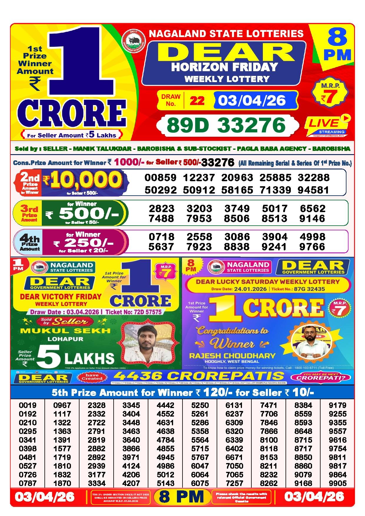 Dear Lottery Result Today 8 PM 03-04-2026
