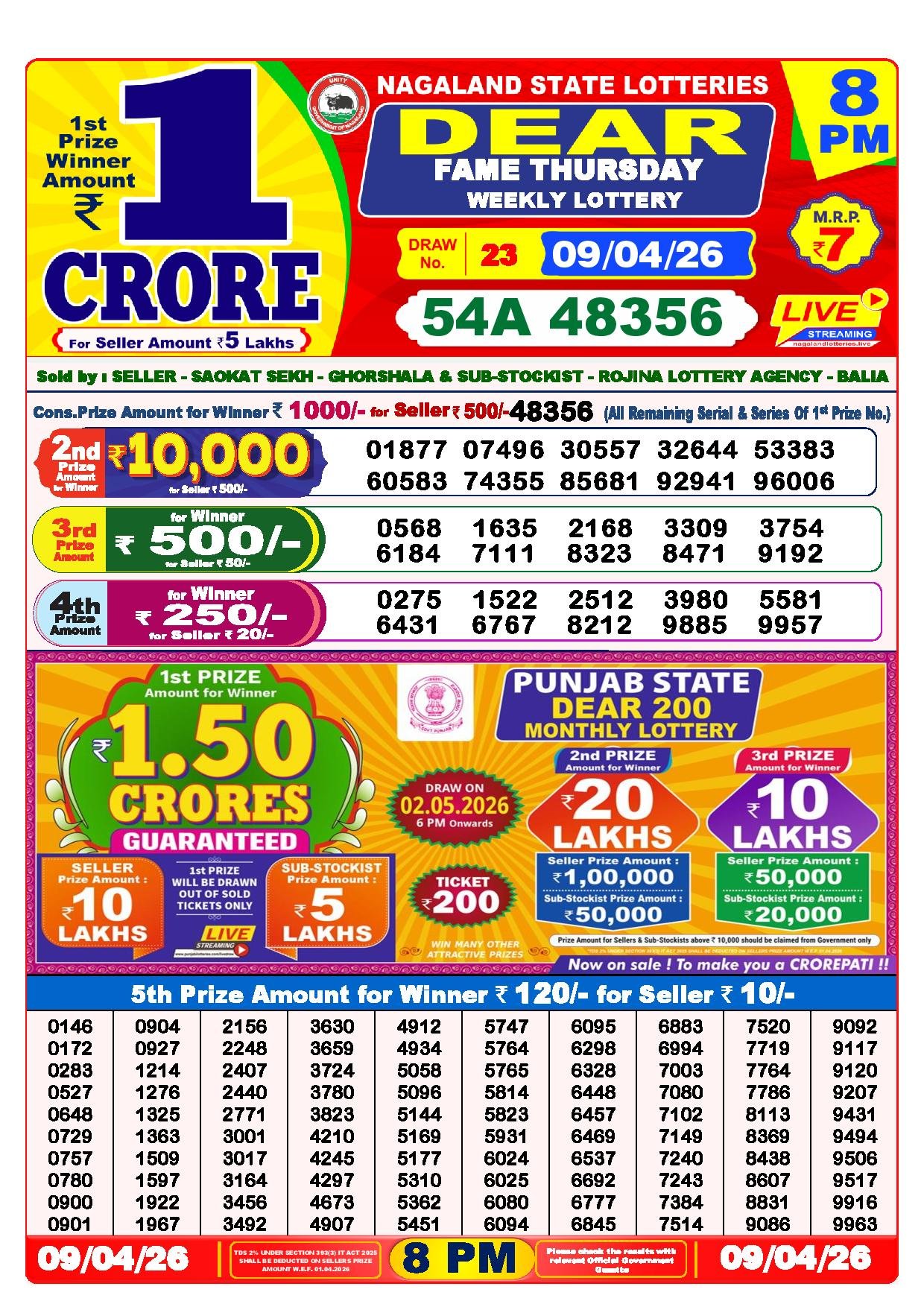 Dear Lottery Result Today 8 PM 09-04-2026