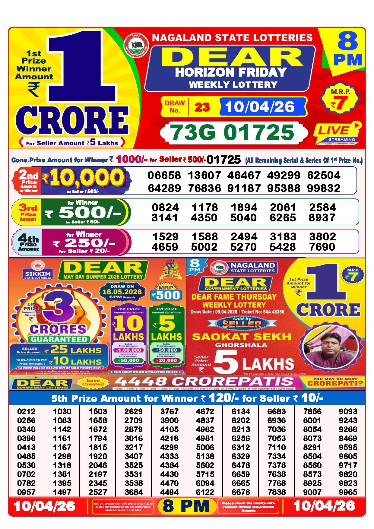 Dear Lottery Result Today 8 PM 10-04-2026