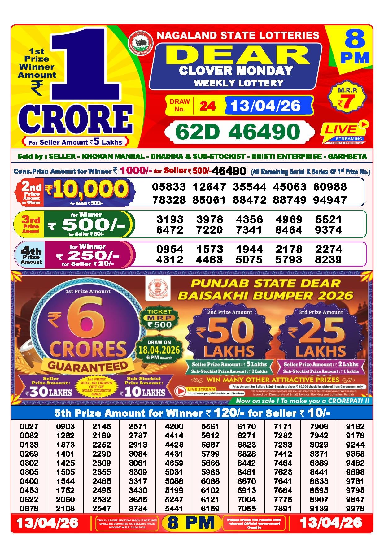 Dear Lottery Result Today 8 PM 13-04-2026
