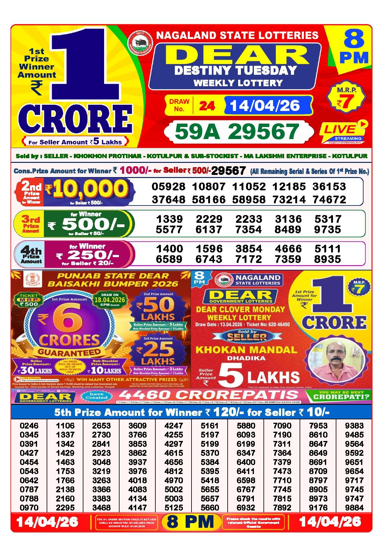 Dear Lottery Result Today 8 PM 14-04-2026