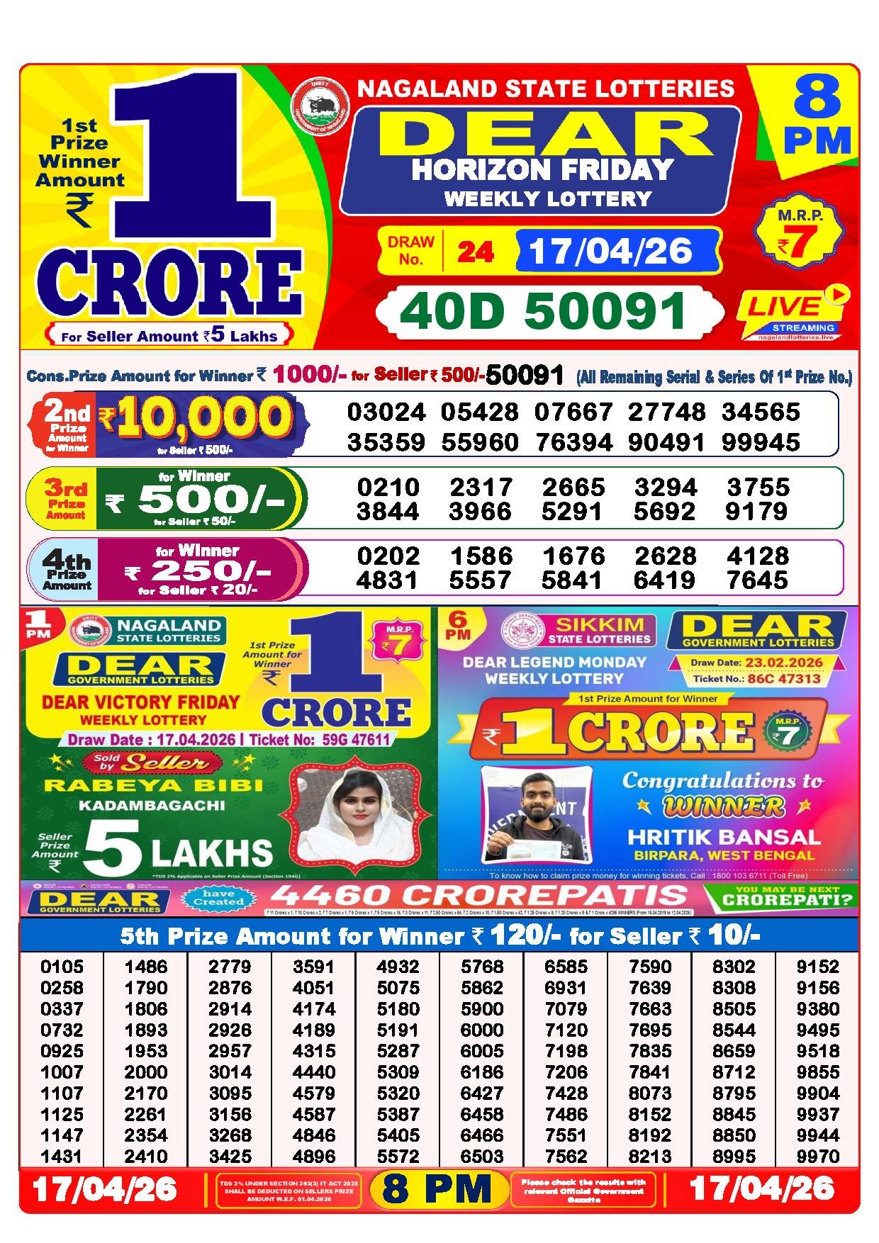 Dear Lottery Result Today 1 PM 17-04-2026
