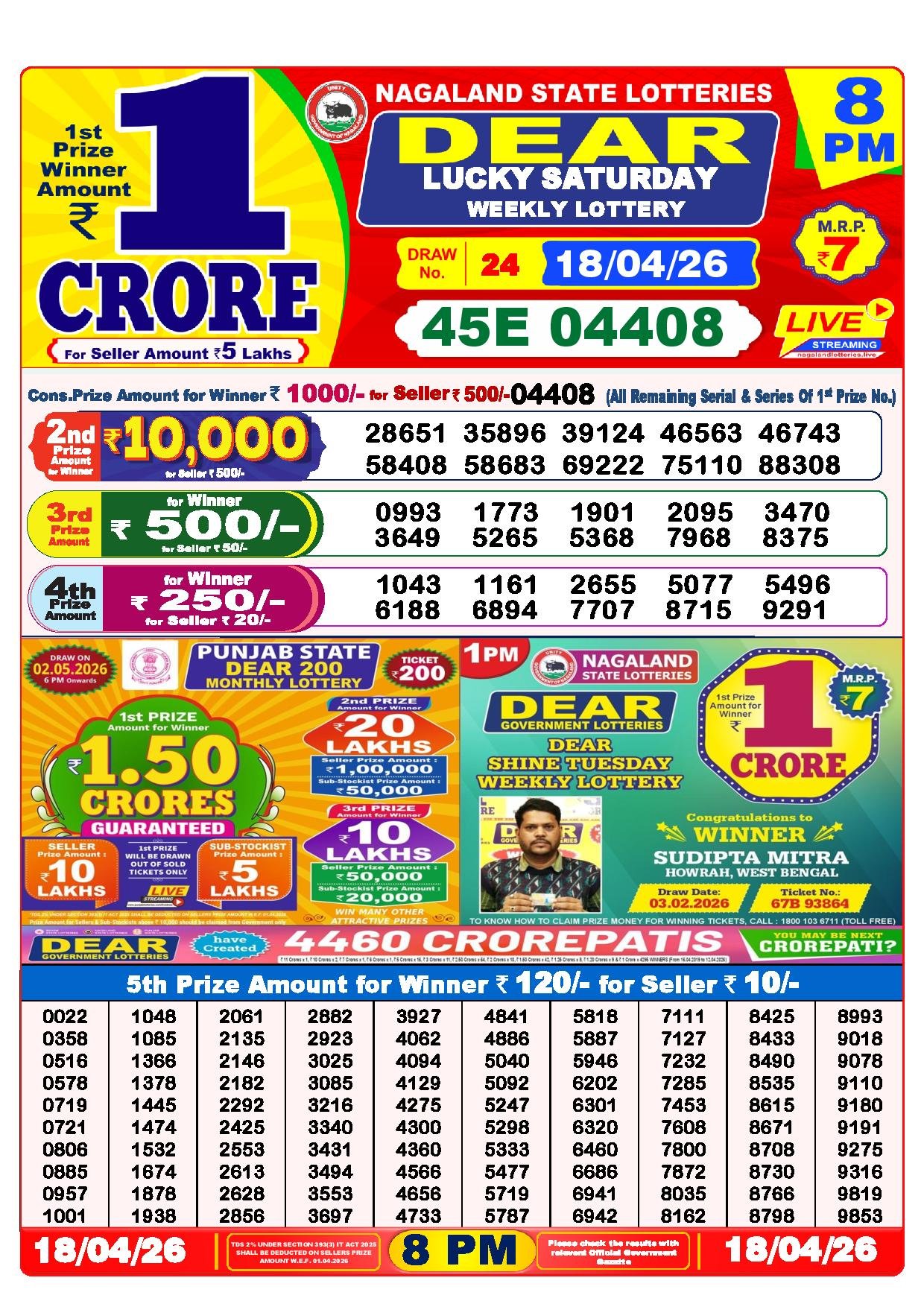 Dear Lottery Result Today 1 PM 18-04-2026
