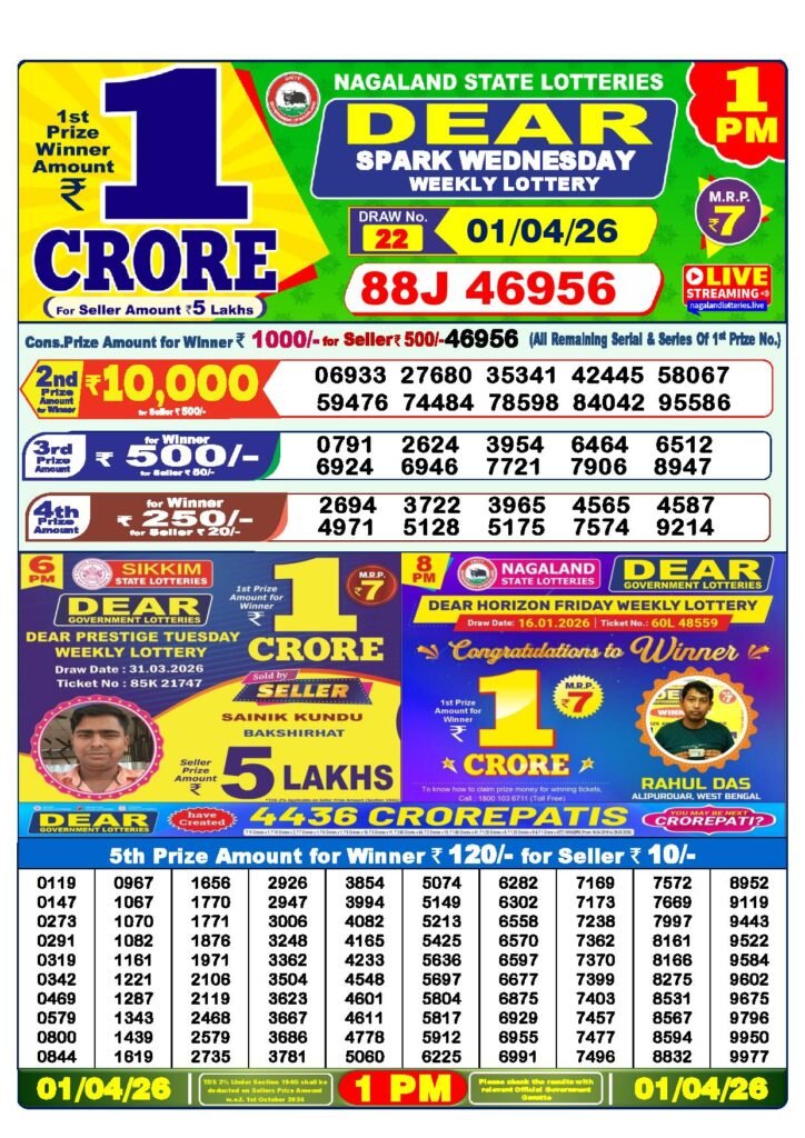 Dear Lottery Result Today 1 PM 01-04-2026
